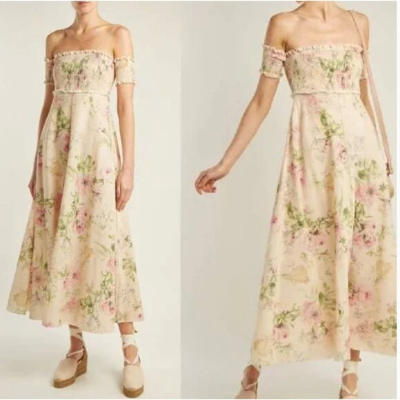 Zimmermann Iris Shirred Bodice Linen Maxi Dress Cream Floral Size 1 Small - Picture 1 of 6